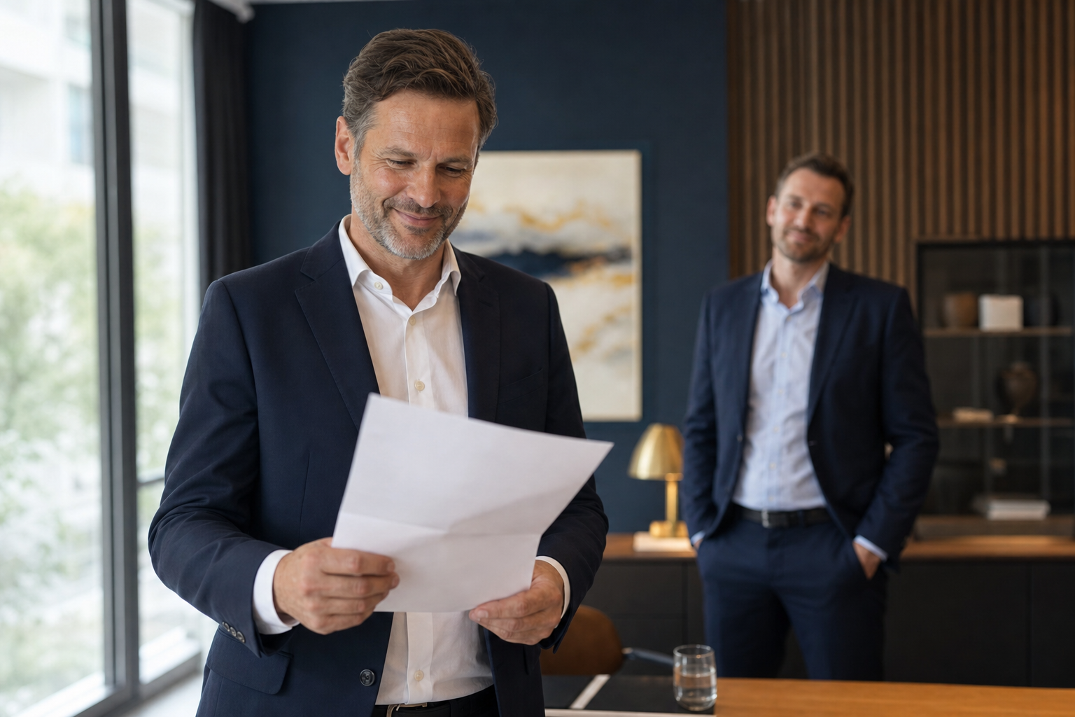 Unternehmer liest die Bewilligung seiner Foerderung