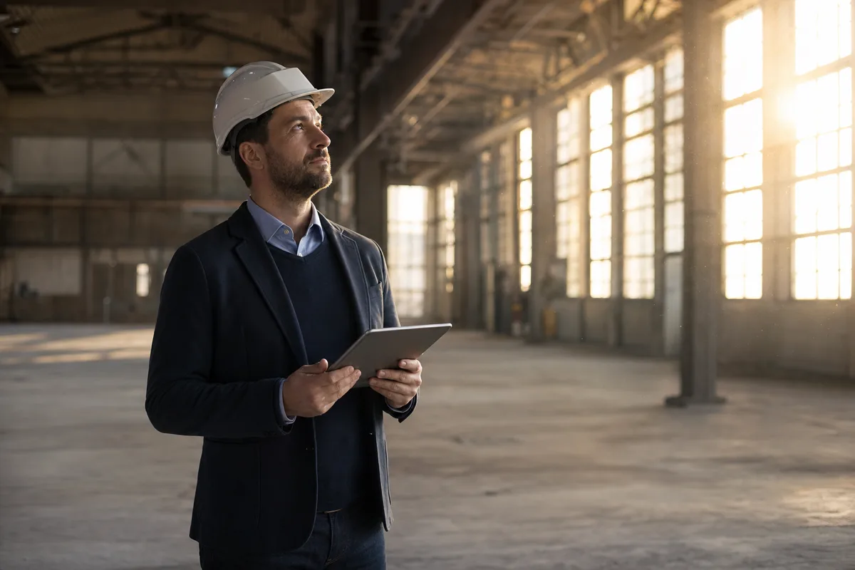 Kalkulator mit Tablet bei der Objektaufnahme in einer Industriehalle