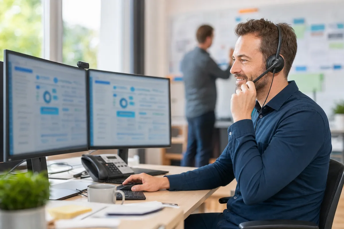 Innendienst-Mitarbeiter mit Headset vor dem CRM eines Dienstleistungsbetriebs
