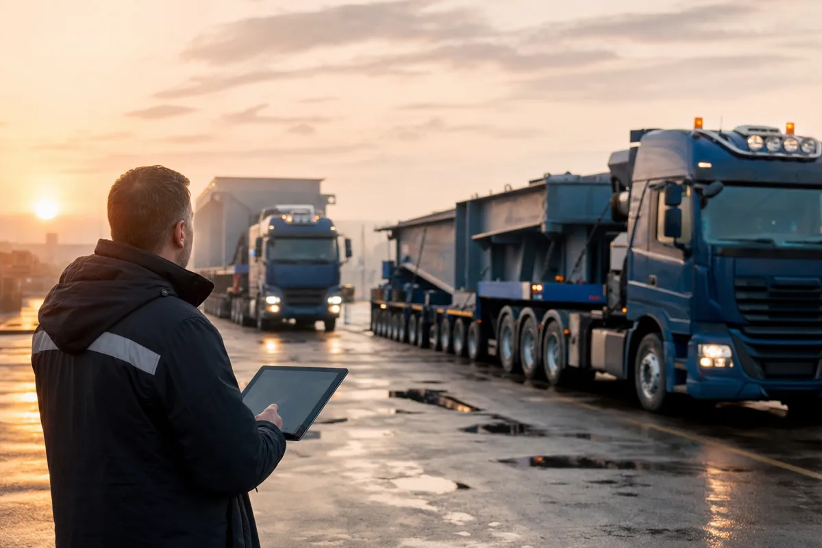 Disponent mit Tablet auf dem Hof eines Schwerlast-Logistikers