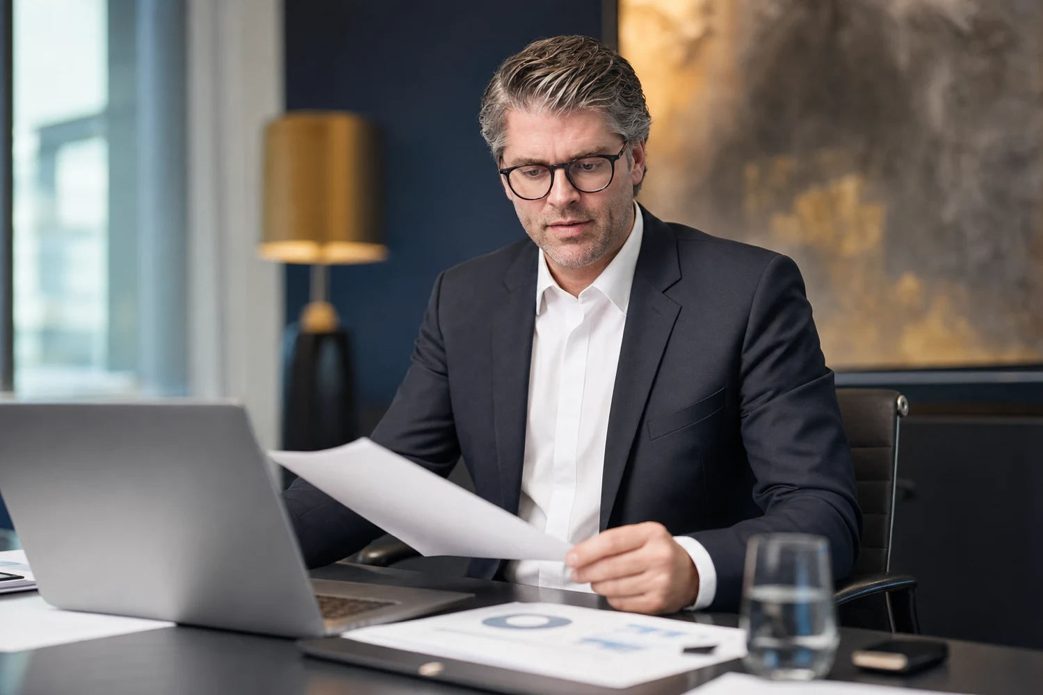 Andreas Sudermann bei der Finanzanalyse am Schreibtisch
