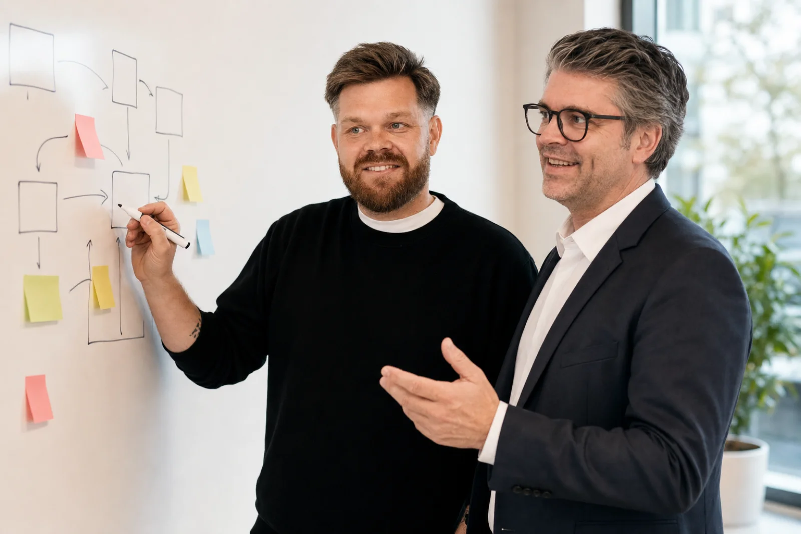 Die QANNA-Gründer erarbeiten einen Prozess am Whiteboard